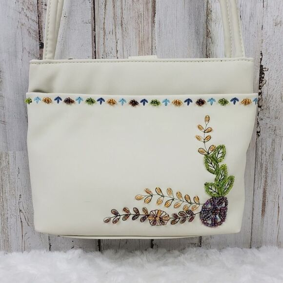 Floral Bead Embellished Handbag Purse Cream - Picture 1 of 10